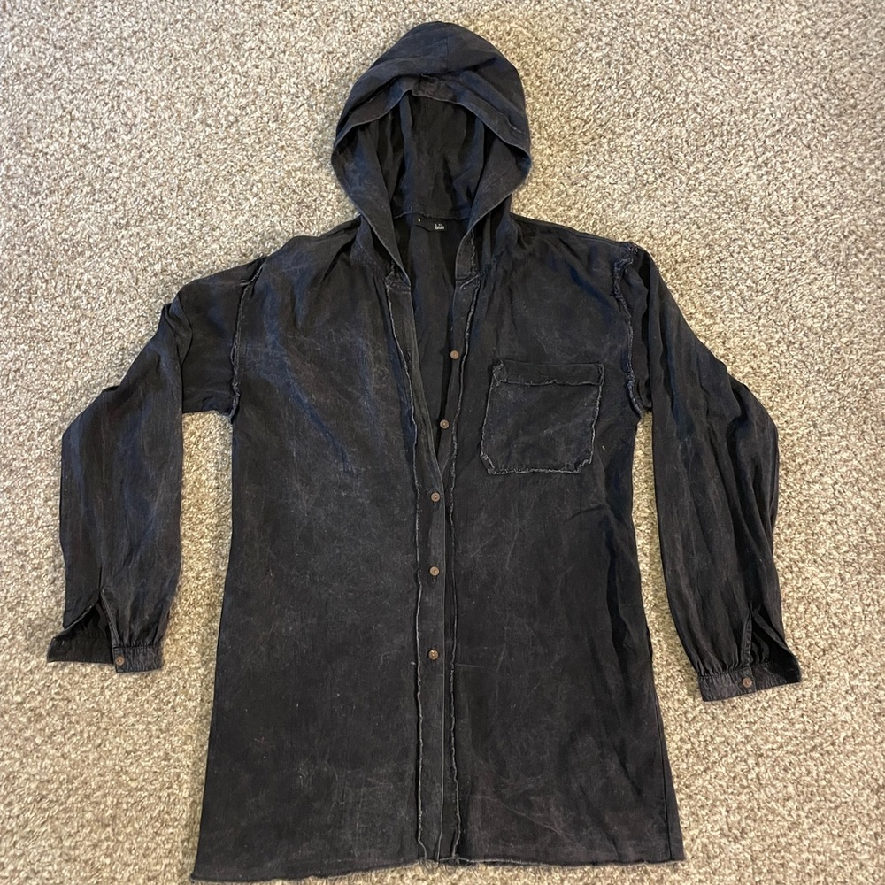 Kaido long sleeve hooded top. Button down. Black wash. Medium. Mini shirt dress